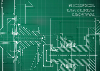 Technical illustration. Mechanical engineering. Backgrounds of engineering subjects. Technical design. Instrument making. Cover. Light green background. Grid