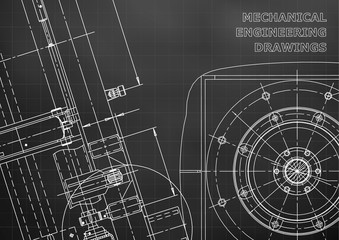 Blueprint. Vector drawing. Mechanical instrument making. Black background. Grid