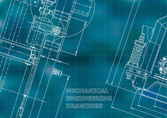 Blueprint, Sketch. Vector engineering illustration. Cover, flyer, banner, background. Instrument-making drawings. Mechanical engineering drawing. Technical illustration. Blue background. Grid