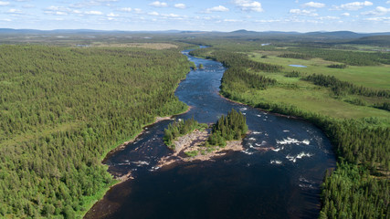 Fototapeta na wymiar Aerial view of the forest and river at summer. Beautiful sunny day.
