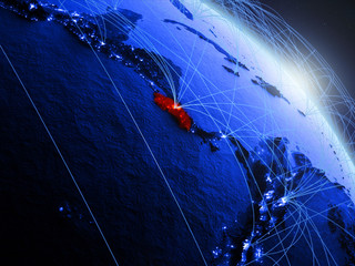 Costa Rica from space on model of blue digital planet Earth. Concept of blue digital technology, connectivity and travel.