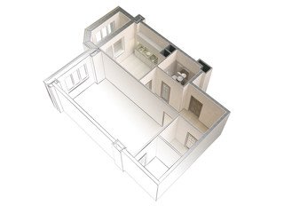 Draft sketch of a modern apartment contrasting with a realistic 3d rendering, top view, isolated