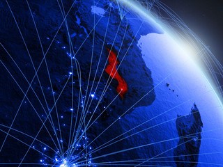 Malawi from space on model of blue digital planet Earth. Concept of blue digital technology, connectivity and travel.