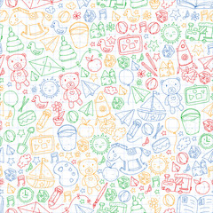 Fototapeta na wymiar Kindergarten Vector seamless pattern with toys and items for education.