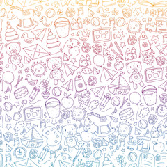 Kindergarten Vector seamless pattern with toys and items for education.
