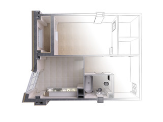 Draft sketch of a modern apartment contrasting with a realistic 3d rendering, top view, isolated