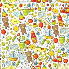 Kindergarten Vector seamless pattern with toys and items for education.