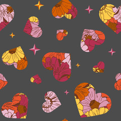 Seamless pattern with hearts from flowers and stars for textile, bedlinen, packing, pillow, undergarment, wallpaper. Valentine`s day background. Vector illustration.