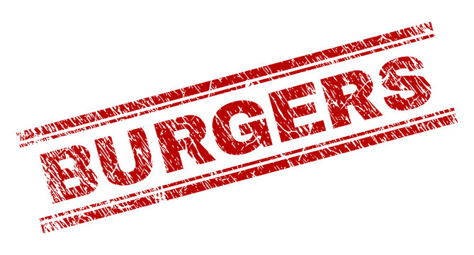 BURGERS seal print with distress texture. Red vector rubber print of BURGERS caption with grunge texture. Text title is placed between double parallel lines.
