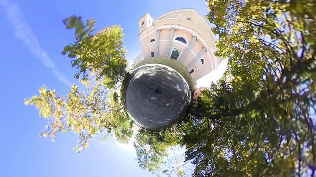 Santa Maria della Neve church in rotating tiny planet effect. Sardinia, Italy