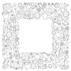 Kindergarten Vector seamless pattern with toys and items for education.