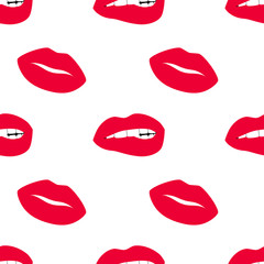 Red lips seamless pattern isolated on white background.