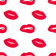 Red lips seamless pattern isolated on white background.
