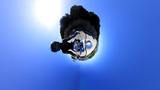Motorcycle ride in tiny planet effect. 360 degrees video