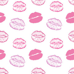 Seamless pattern with colorful lips imprints  isolated on white background.