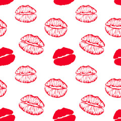 Seamless pattern with colorful lips imprints  isolated on white background.