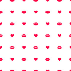 Hearts and lips imprints seamless pattern isolated on white background.