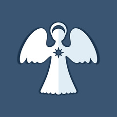 White paper angel with a christmas star on a dark blue background. Decor angel is a simple form for cutting. Symmetrical static silhouette can be used for different designs. 
