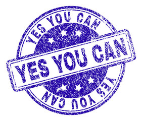 YES YOU CAN stamp seal imprint with distress texture. Designed with rounded rectangles and circles. Blue vector rubber print of YES YOU CAN tag with corroded texture.