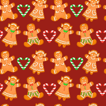 Christmas seamless pattern with gingerbread men and girls on dark broun background. Vector 10 EPS illustration