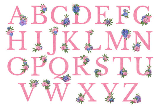 Bright roses and succulent alphabet. Isolated pink font on white background. Floral elements for greeting cards design, wedding, party, invitations, flyers. Scrapbooking graphics - Powered by Adobe