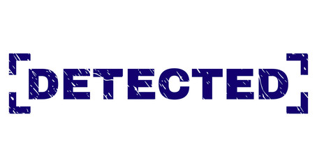 DETECTED tag seal print with corroded style. Text title is placed inside corners. Blue vector rubber print of DETECTED with retro texture.