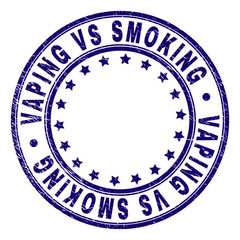 VAPING VS SMOKING stamp seal imprint with grunge texture. Designed with circles and stars. Blue vector rubber print of VAPING VS SMOKING caption with grunge texture.