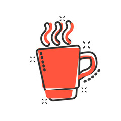 Coffee, tea cup icon in comic style. Coffee mug vector cartoon illustration pictogram. Drink business concept splash effect.