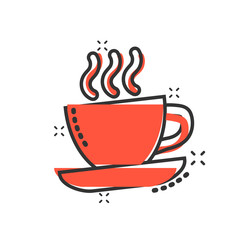 Coffee, tea cup icon in comic style. Coffee mug vector cartoon illustration pictogram. Drink business concept splash effect.