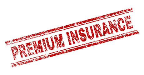 PREMIUM INSURANCE seal stamp with grunge style. Red vector rubber print of PREMIUM INSURANCE label with grunge texture. Text label is placed between double parallel lines.