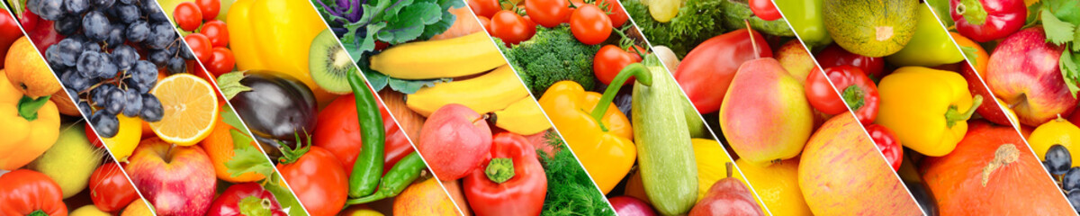 Collection fresh fruits and vegetables . Panoramic collage. Wide photo