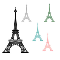 Vector illustration of Eiffel Tower symbol of Paris, France. Set of multicolored silhouettes isolated on white background