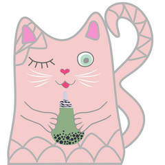 Funny pink cat holds a drink in his paws. Cute girl concept