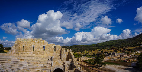 Cloudy sky from Bouleuterion in Patara (Pttra) Ancient City. The assembly hall of Lycia public. The Lycian League's capital was at Patara.
