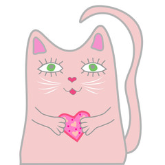 Funny pink cat closed his eyes and holds a heart in his paws. Cute girl concept