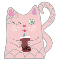 Funny pink cat holds a drink in his paws. Cute girl concept