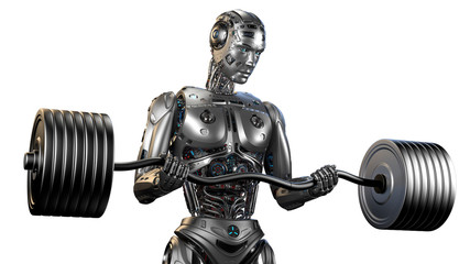 Futuristic robot man working out with barbell. Very strong cyborg lifting heavy weights or training his muscles. Isolated on white background. 3d Illustration.