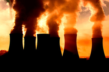 coal fired power station silhouette at sunset, Pocerady, Czech republic