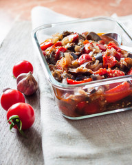 Vegetable sauté with eggplant, red bell pepper and tomatoes