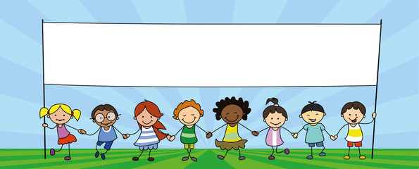 group of children holding banner, kids holding hands illustration -