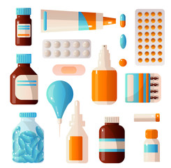 Medical sets of drugs that contain various pills, potions, drops, ampoules, bandages, syringes and others.