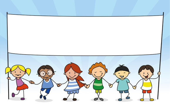 kids holding white banner with copy space - illustration
