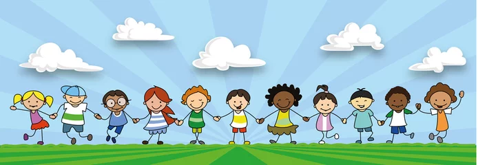 Fotobehang Kleuterschool gelukkige kinderen hand in hand, kinderen spelen op weide -