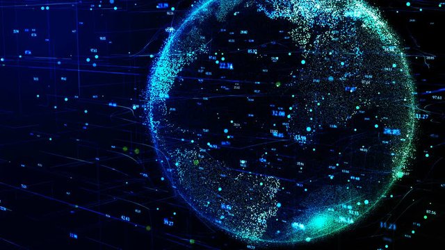 3D animation of blue planet Earth in the global futuristic cyber-network, connection lines around the globe. Neural artificial grid shows data flow and cryptocurrency exchange in business concept. 4K