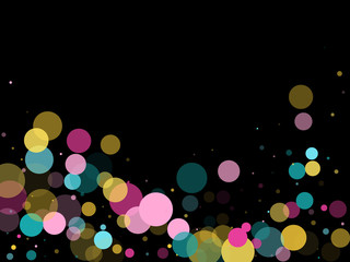 Memphis round confetti festive background in cyan blue, pink and yellow. Childish pattern vector.