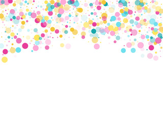 Memphis round confetti festive background in cyan blue, pink and yellow. Childish pattern vector.