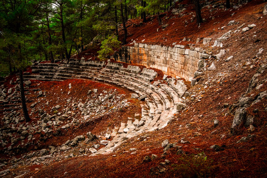 Side view of Theater of Cadianda (Kadyanda) Ancient City view near Uzumlu village in Fethiye, Mugla, Turkey. Roman settlement at BC 5th century. An old city from inside mystic red forest. Lycian way.