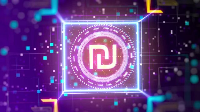 Israeli new Shekel virtual money logo reveal. Financial sign on digital background.