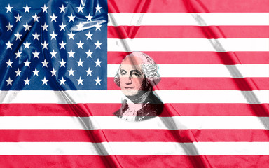 Closeup of United States of America flag with portrait George Washington
