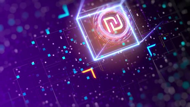 Israeli new Shekel money mining logo reveal. Financial sign on digital background.